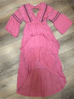 IRO OPSEY Pink Ruffle High-Low Maxi Dress empire waist bell sleeve 36